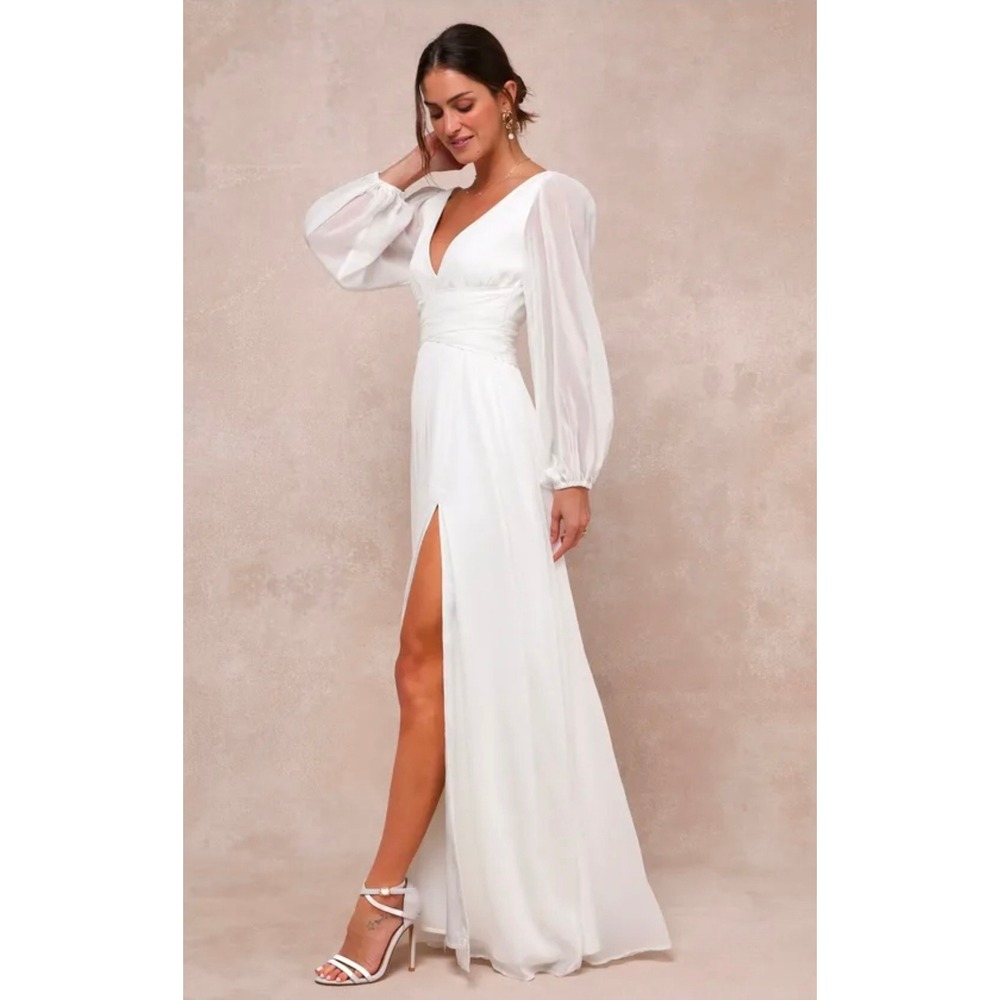 Lulus Enchant My Love White V Neck Long Sleeve Maxi Dress L Womens Wedding